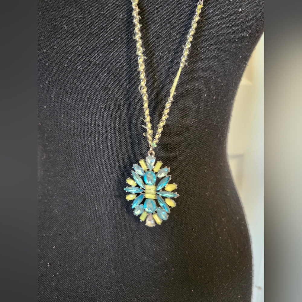 Teal Blue + Peridot Green Crystal Gemstone Long Chain Chunky Necklace